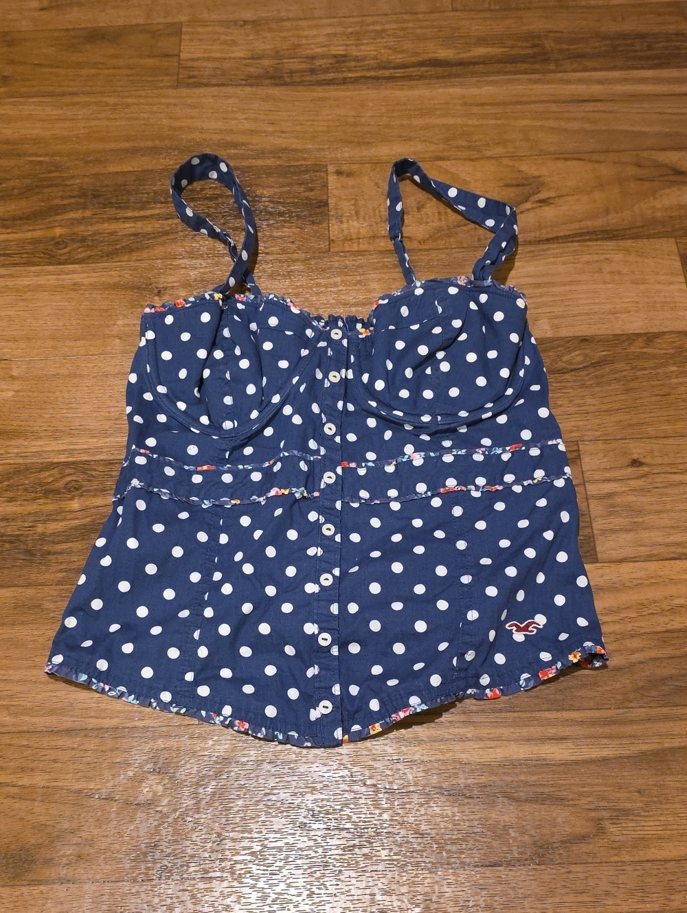 Hollister Navy Polka Dot Bustier Tank with Floral Trim